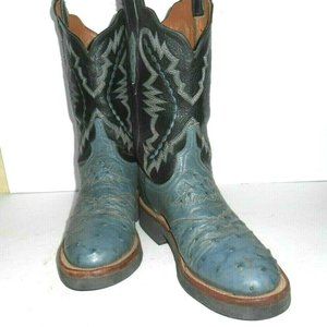 9.5 B Lucchese 2000 Denim Blue & Black Full Quill Ostrich, Crepe sole Boots.